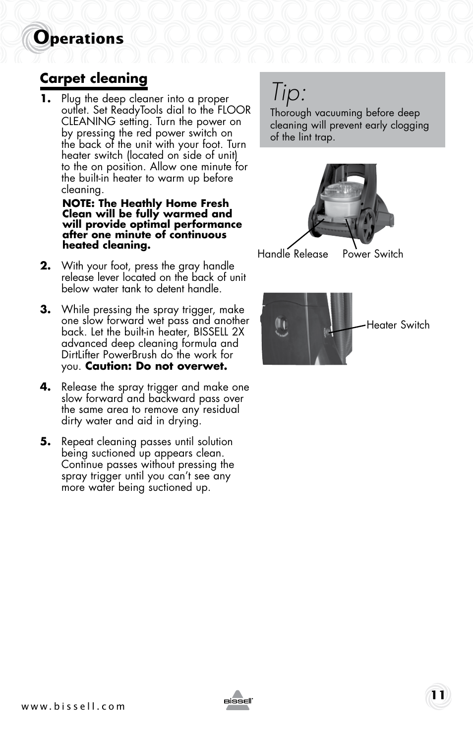Perations, Carpet cleaning | Bissell 83V5 User Manual | Page 11 / 20
