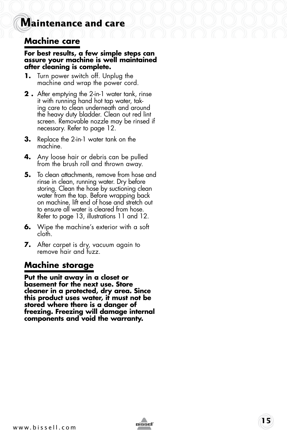 Aintenance and care, Machine care, Machine storage | Bissell 83V5 User Manual | Page 15 / 20