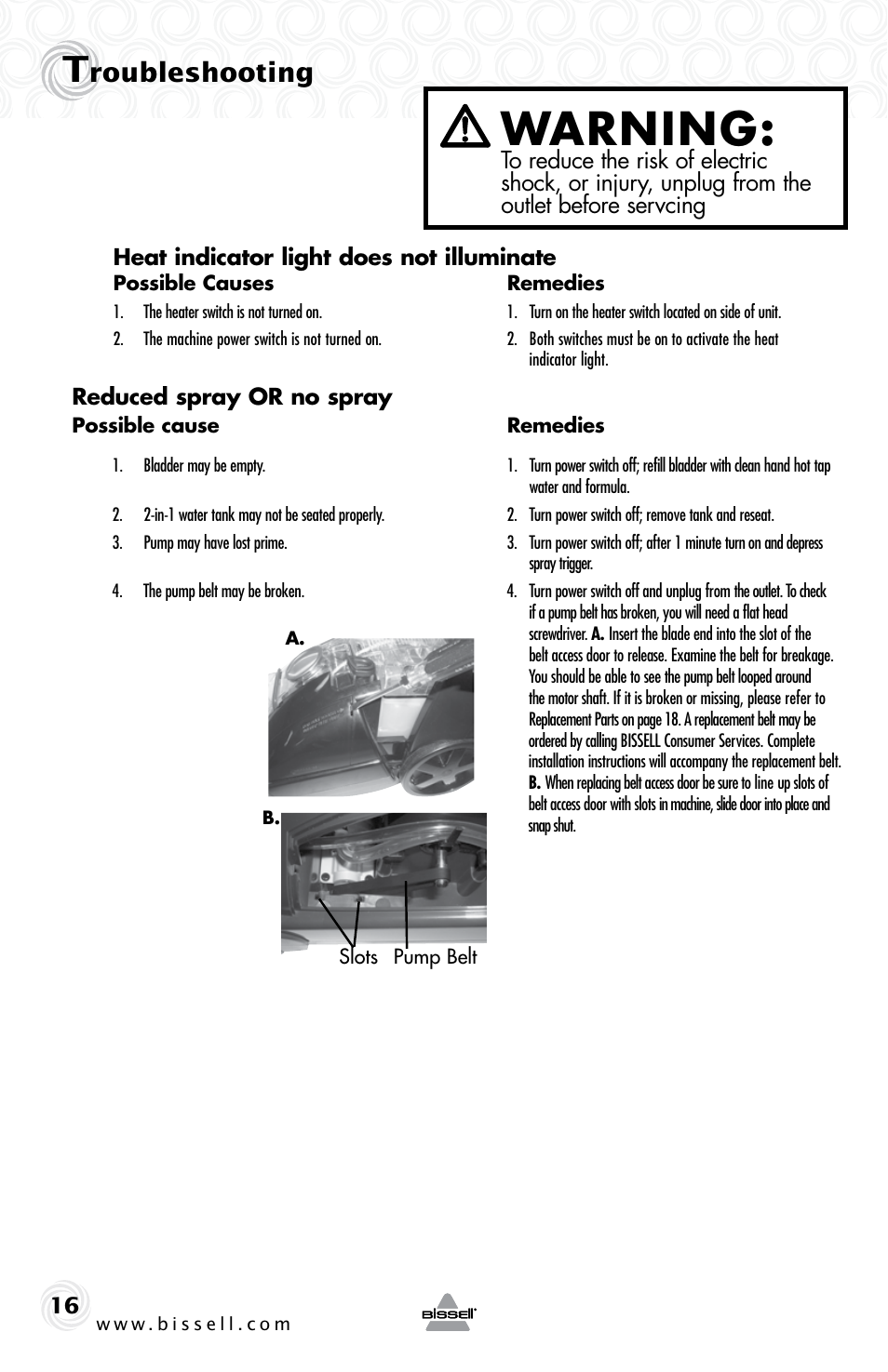 Warning, Roubleshooting | Bissell 83V5 User Manual | Page 16 / 20