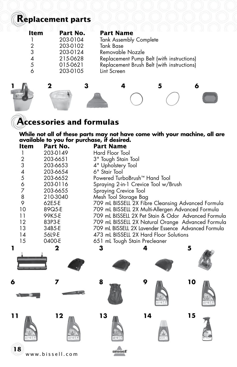 Eplacement parts, Ccessories and formulas | Bissell 83V5 User Manual | Page 18 / 20