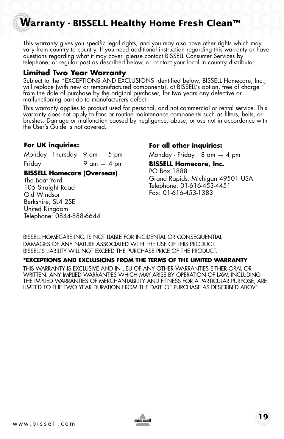 Arranty - bissell healthy home fresh clean | Bissell 83V5 User Manual | Page 19 / 20
