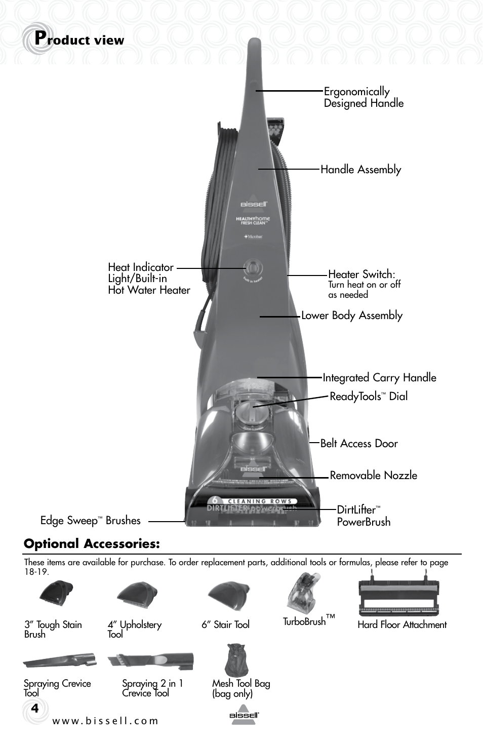 Roduct view, Optional accessories | Bissell 83V5 User Manual | Page 4 / 20