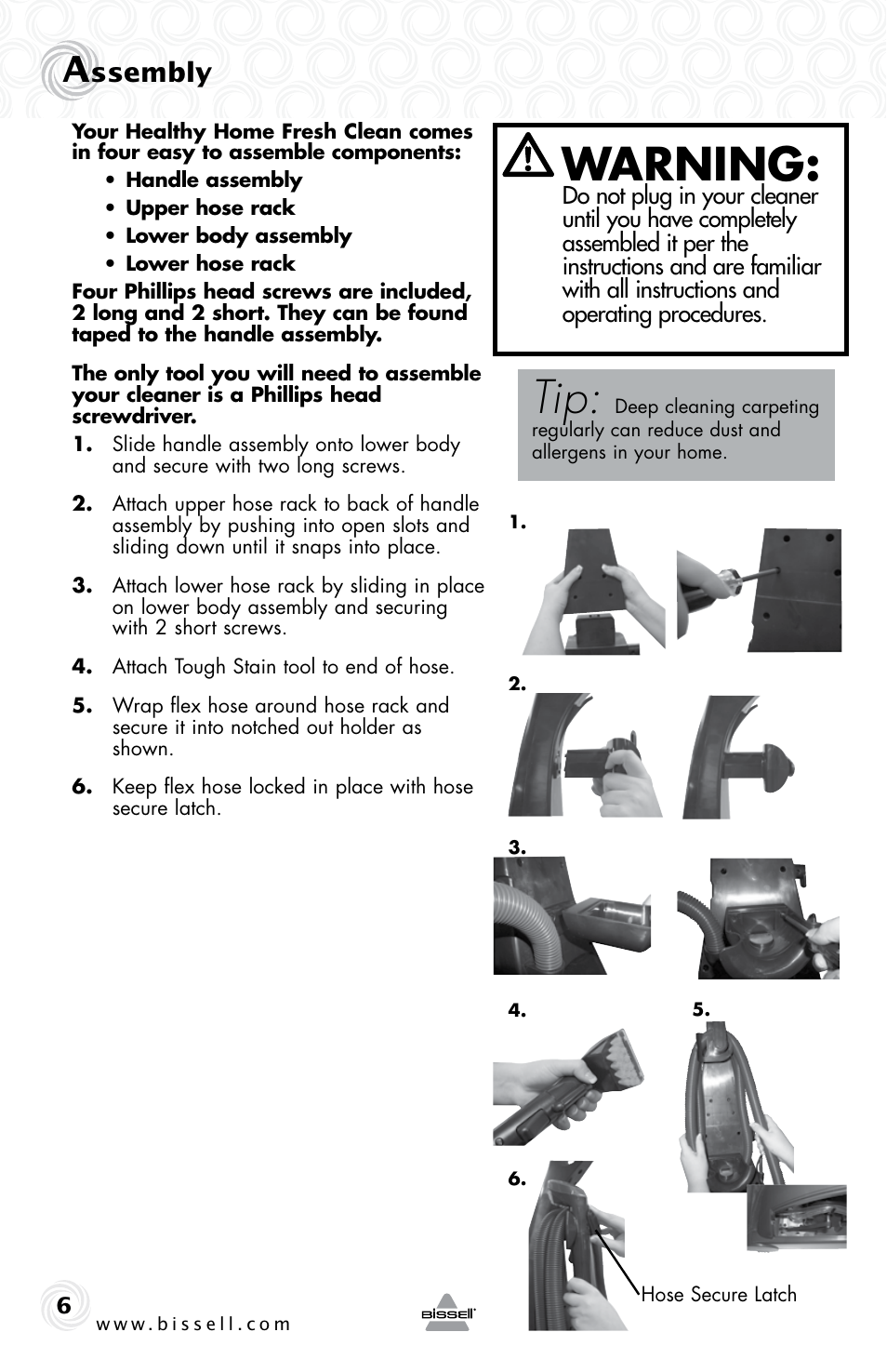 Warning, Ssembly | Bissell 83V5 User Manual | Page 6 / 20