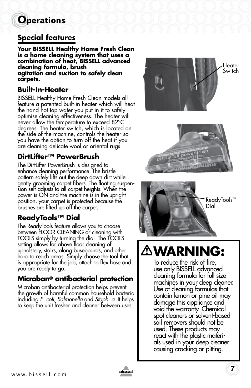 Warning, Perations | Bissell 83V5 User Manual | Page 7 / 20