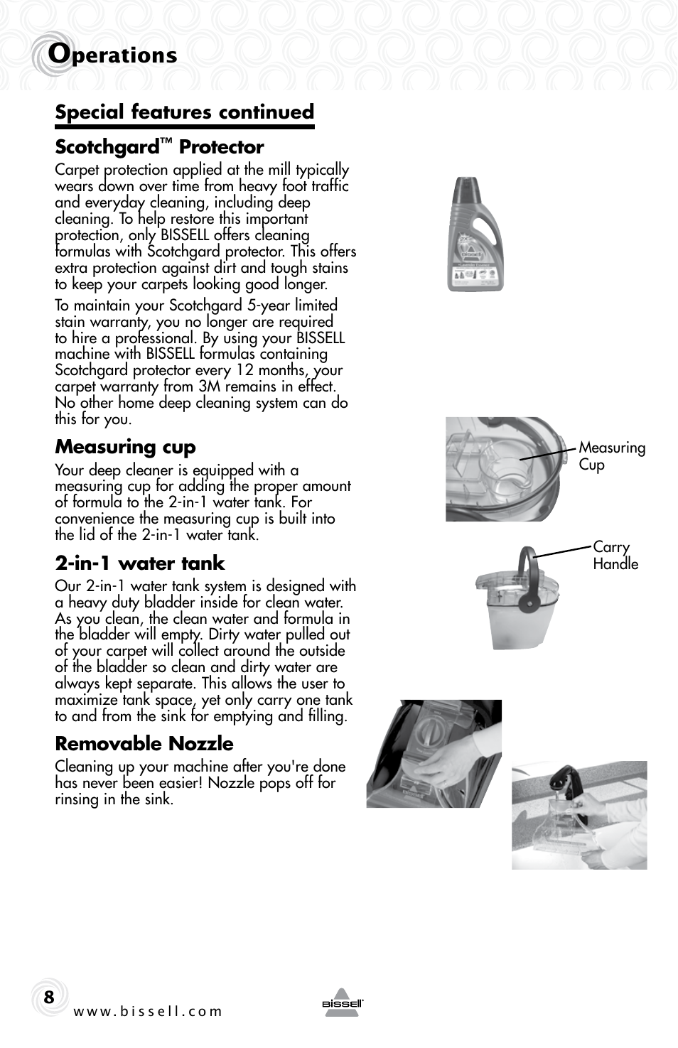 Perations, Special features continued scotchgard, Protector | Measuring cup, In-1 water tank, Removable nozzle | Bissell 83V5 User Manual | Page 8 / 20