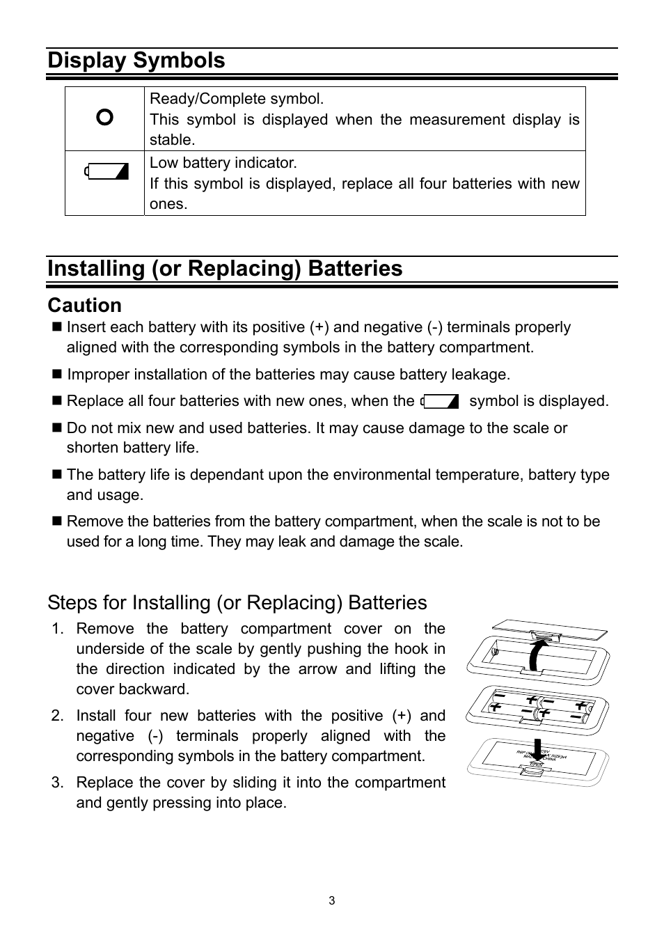 Display symbols, Installing (or replacing) batteries, Caution | Steps for installing (or replacing) batteries | A&D Weighing UC-321PL User Manual | Page 3 / 8