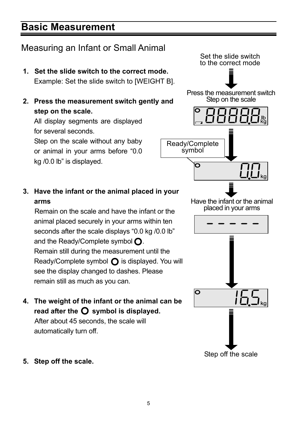 Basic measurement, Measuring an infant or small animal | A&D Weighing UC-321PL User Manual | Page 5 / 8