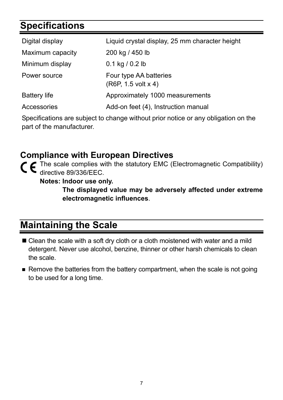 Specifications, Maintaining the scale, Compliance with european directives | A&D Weighing UC-321PL User Manual | Page 7 / 8