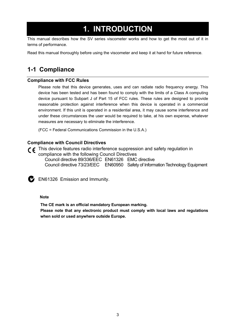 Introduction, 1 compliance | A&D Weighing SV-100 User Manual | Page 5 / 66