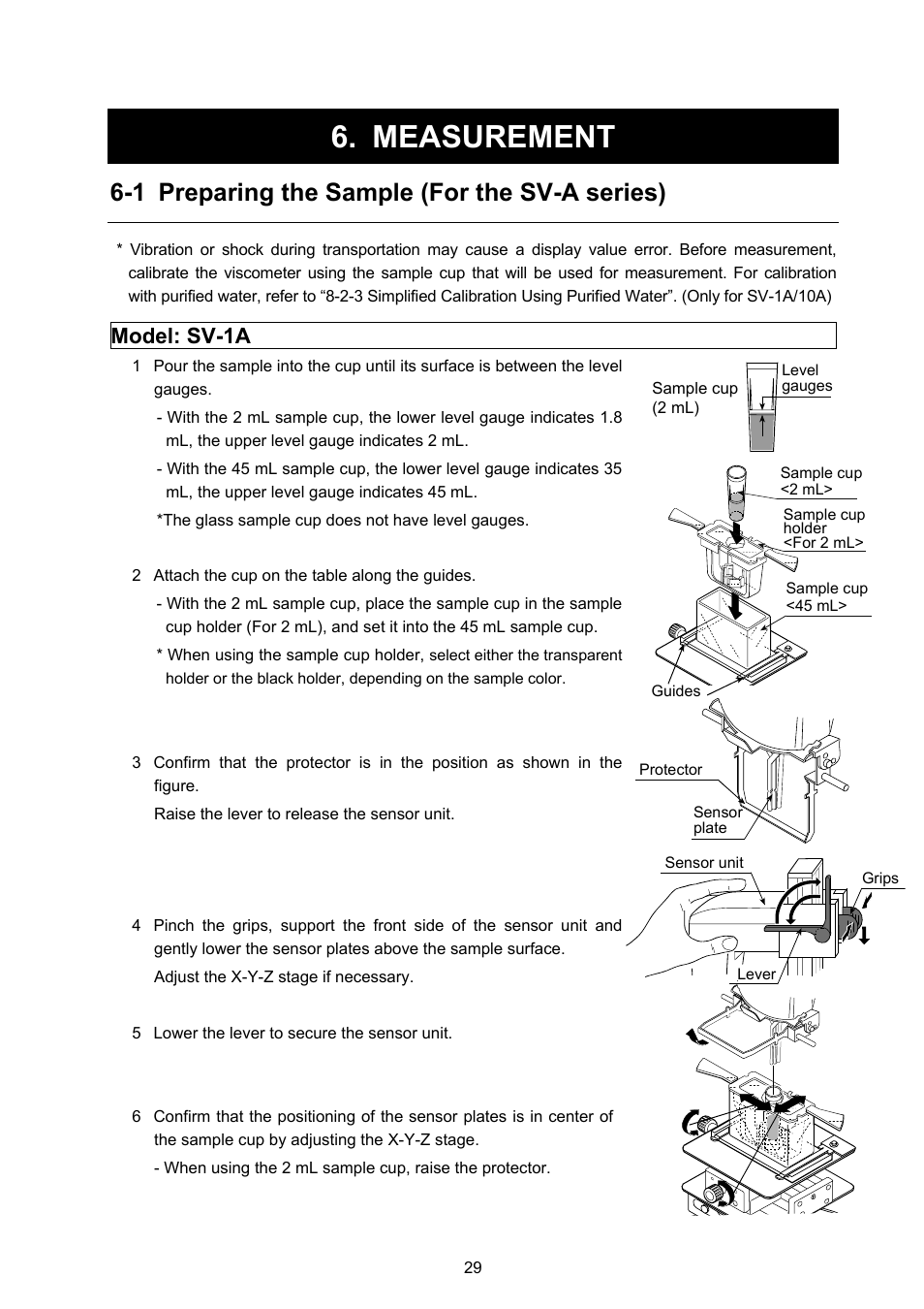 Measurement, 1 preparing the sample (for the sv-a series), Model: sv-1a | A&D Weighing SV-100H User Manual | Page 31 / 102
