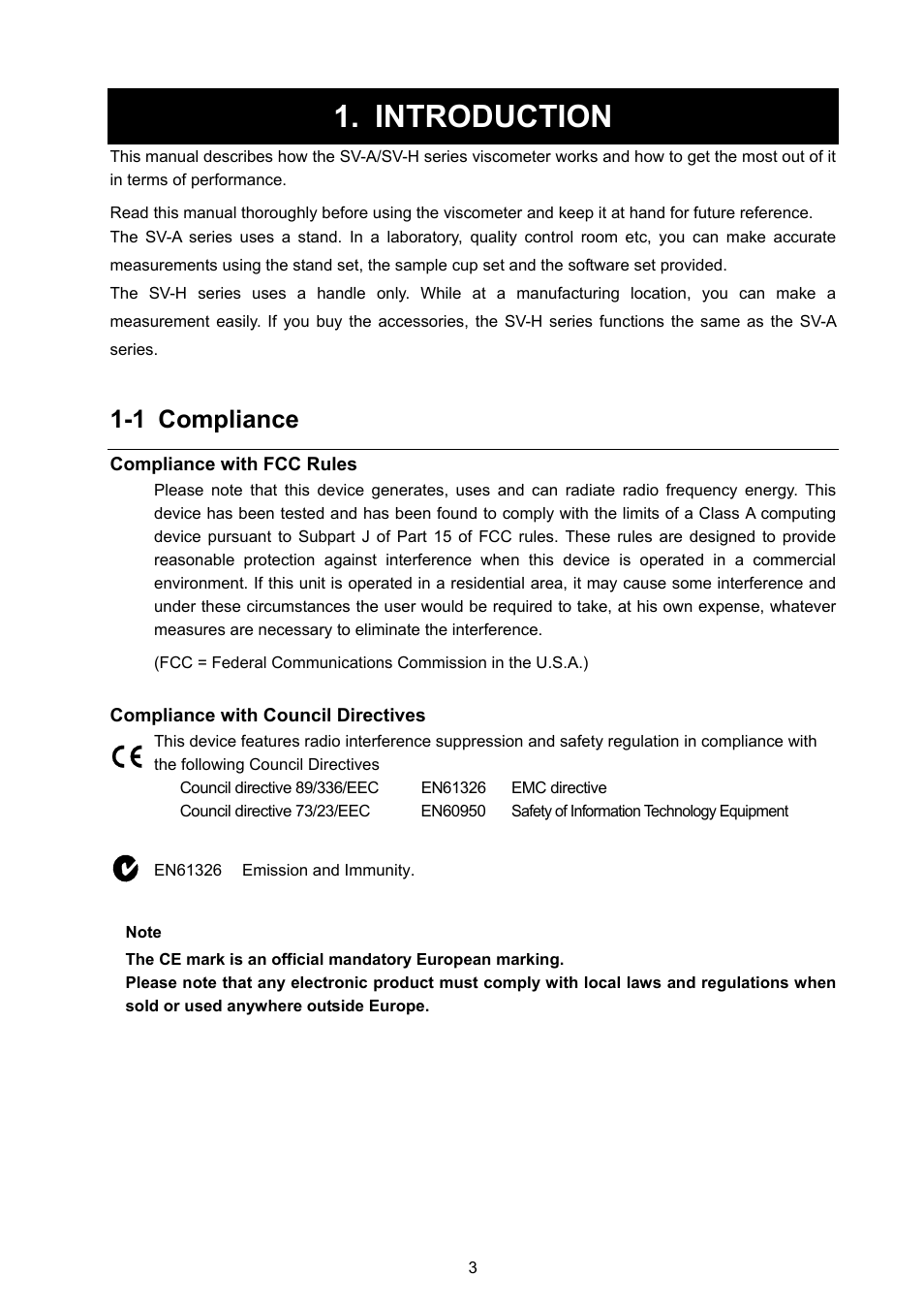Introduction, 1 compliance | A&D Weighing SV-100H User Manual | Page 5 / 102