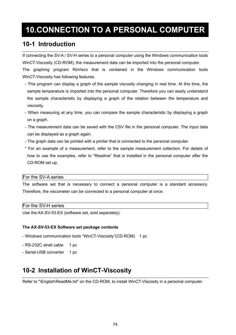 Connection to a personal computer, 1 introduction, 2 installation of winct-viscosity | A&D Weighing SV-100H User Manual | Page 76 / 102