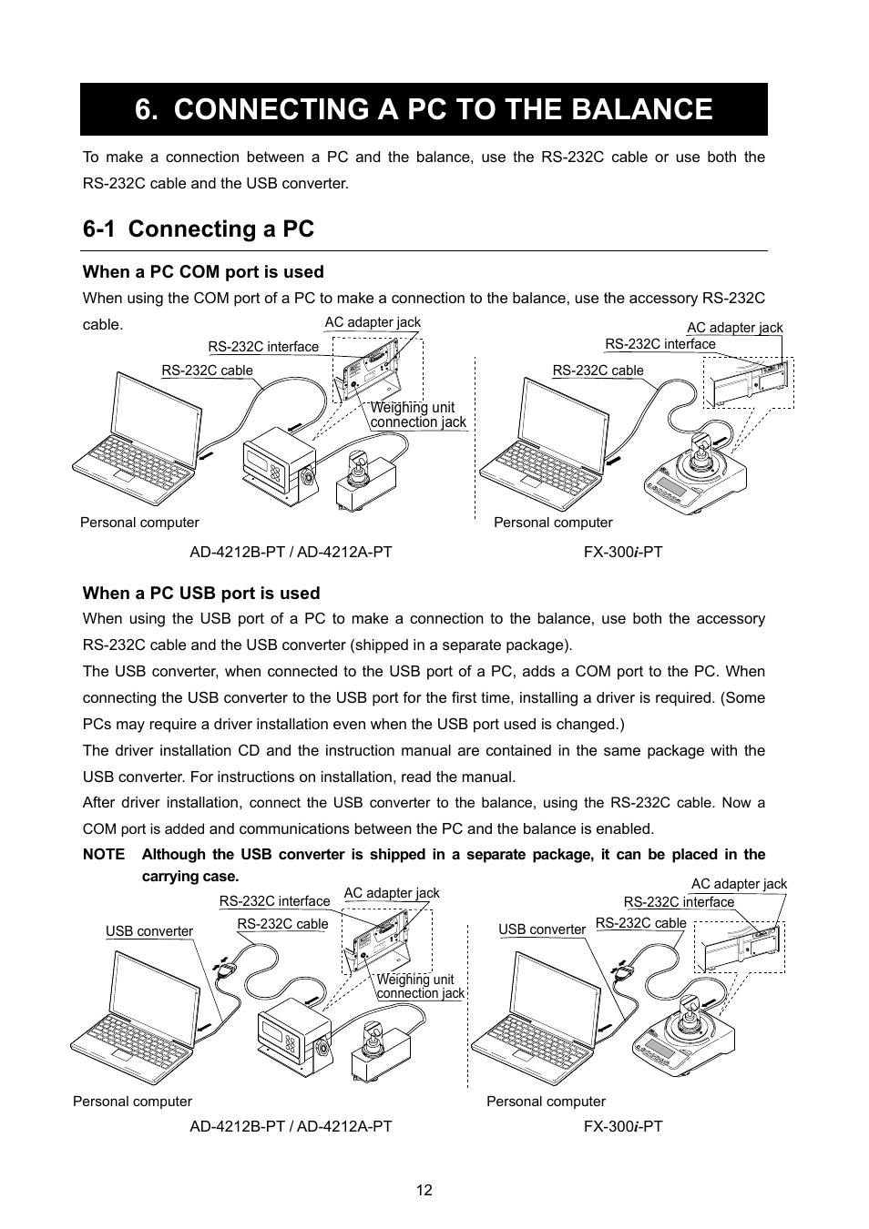 Connecting a pc to the balance, 1 connecting a pc | A&D Weighing FX-300i-PT User Manual | Page 14 / 30