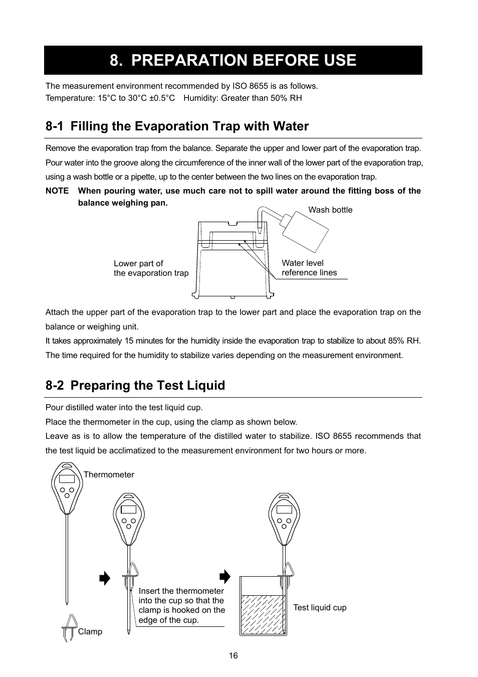 Preparation before use, 1 filling the evaporation trap with water, 2 preparing the test liquid | A&D Weighing FX-300i-PT User Manual | Page 18 / 30