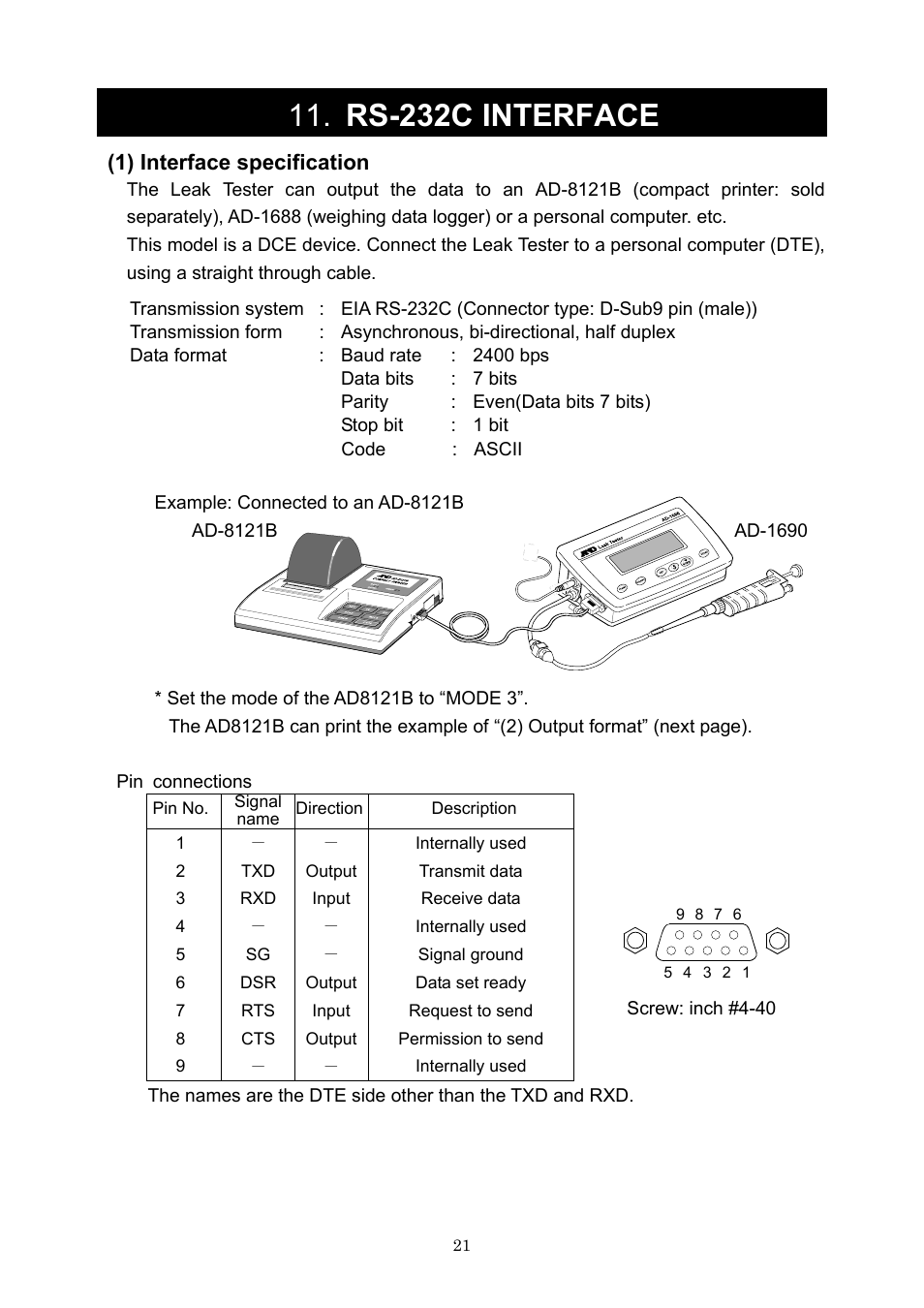 Rs-232c interface, 1) interface specification | A&D Weighing AD-1690 User Manual | Page 23 / 25