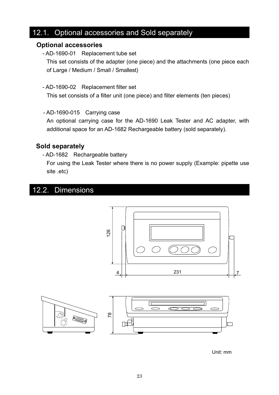 Optional accessories and sold separately, Dimensions, Optional accessories | Sold separately | A&D Weighing AD-1690 User Manual | Page 25 / 25