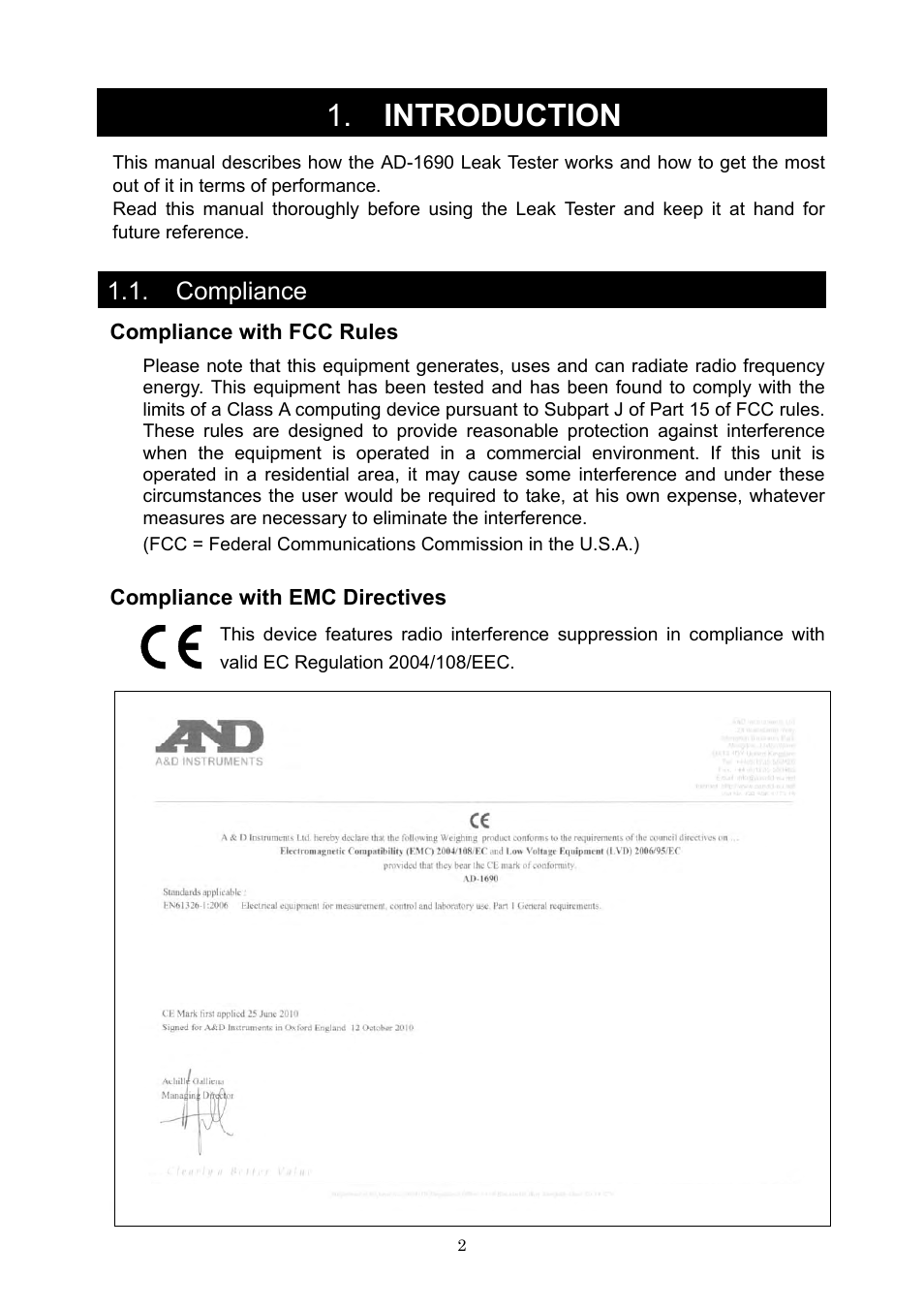 Introduction, Compliance | A&D Weighing AD-1690 User Manual | Page 4 / 25