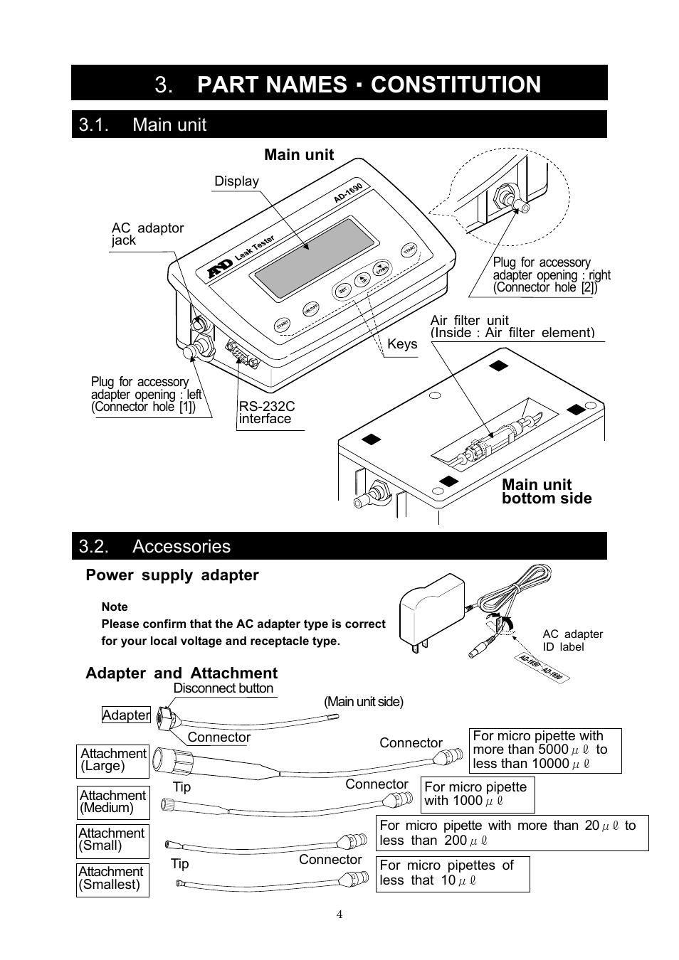 Part names ・ constitution, Main unit, Accessories | Power supply adapter, Adapter and attachment, Main unit bottom side | A&D Weighing AD-1690 User Manual | Page 6 / 25
