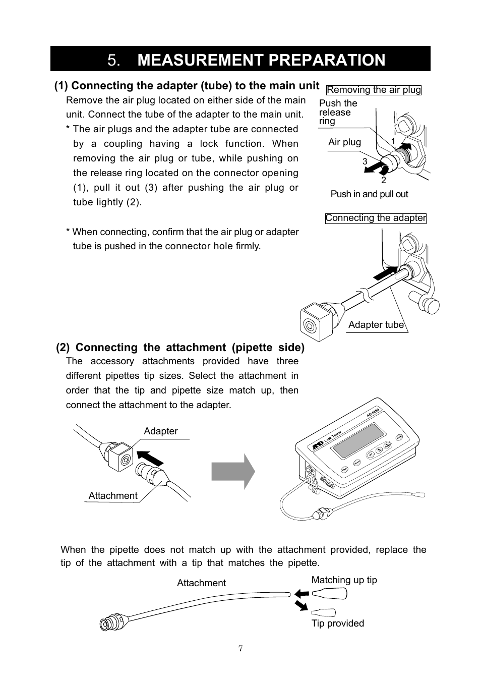 Measurement preparation, 1) connecting the adapter (tube) to the main unit, 2) connecting the attachment (pipette side) | A&D Weighing AD-1690 User Manual | Page 9 / 25