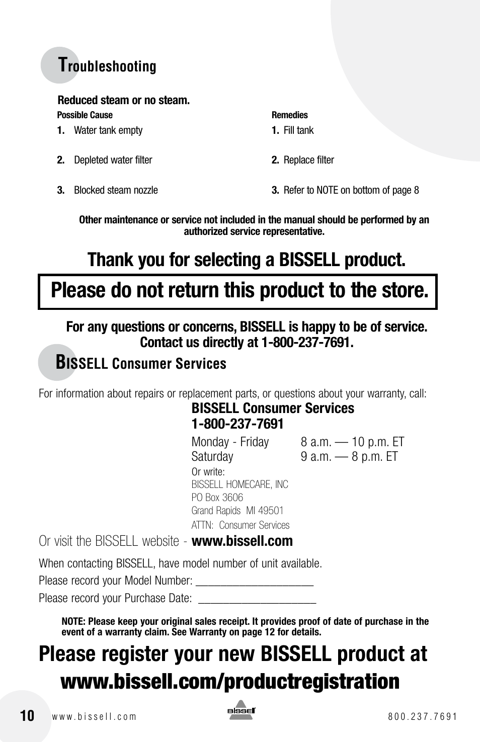 Please do not return this product to the store | Bissell 31N1 User Manual | Page 10 / 12