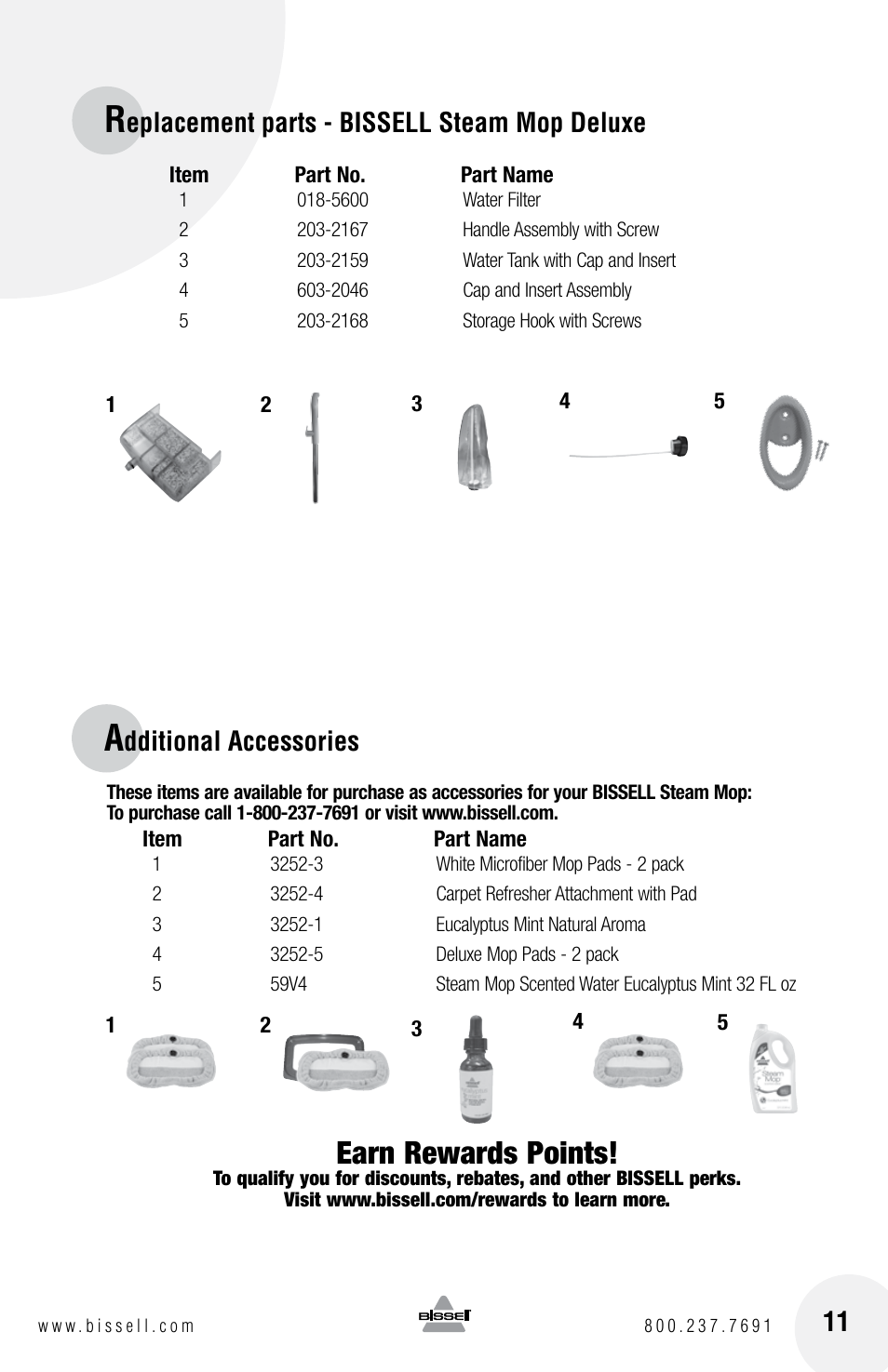 Earn rewards points, Eplacement parts - bissell steam mop deluxe, Dditional accessories | Bissell 31N1 User Manual | Page 11 / 12