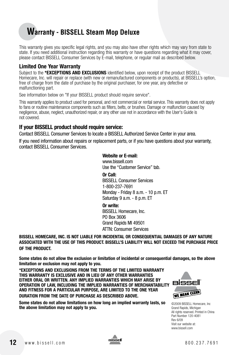 Arranty - bissell steam mop deluxe | Bissell 31N1 User Manual | Page 12 / 12