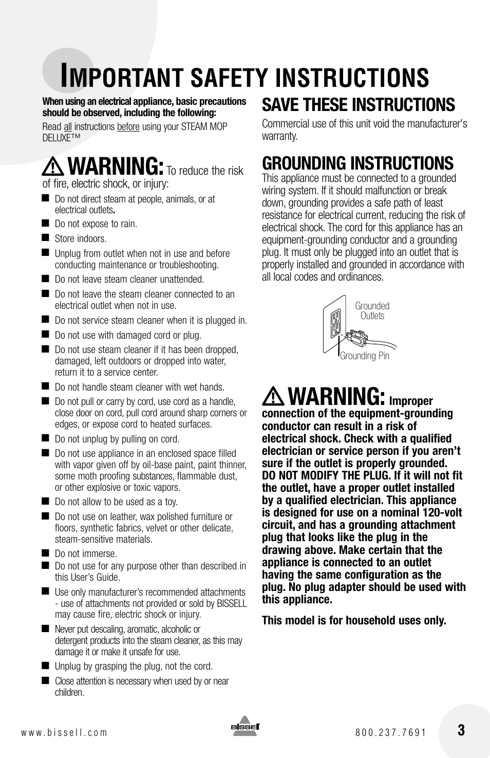 Mportant safety instructions, Warning, Save these instructions | Grounding instructions | Bissell 31N1 User Manual | Page 3 / 12