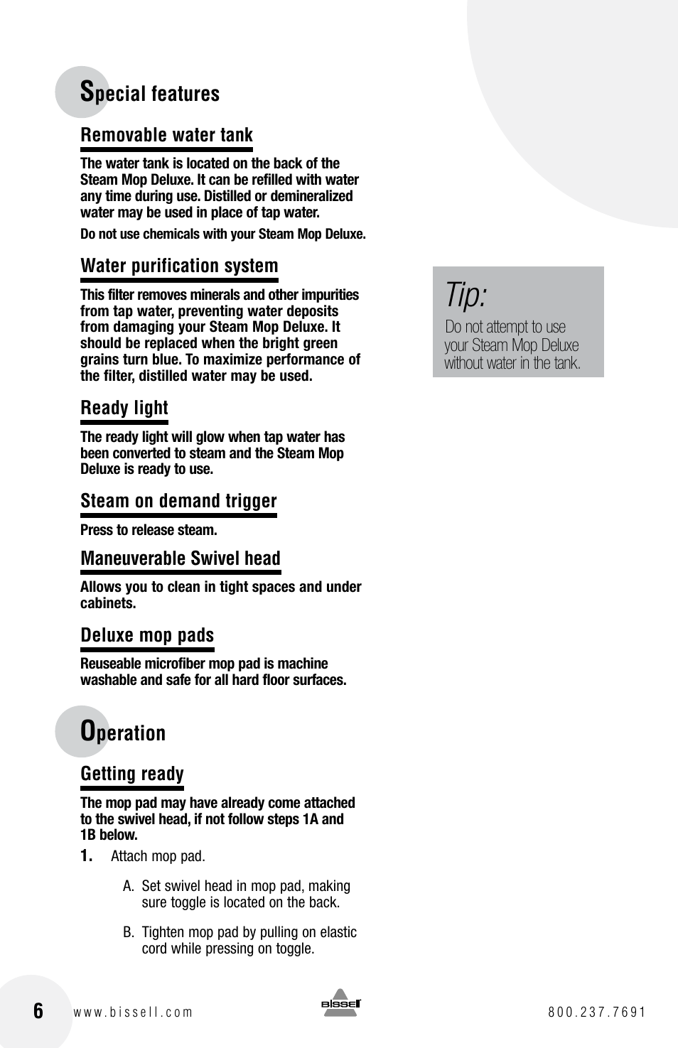 Peration 6, Pecial features | Bissell 31N1 User Manual | Page 6 / 12