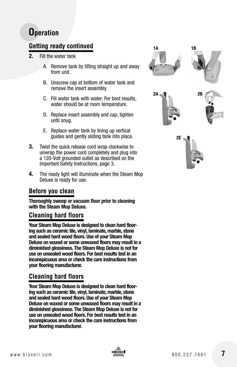 Peration 7, Getting ready continued, Before you clean | Cleaning hard floors | Bissell 31N1 User Manual | Page 7 / 12