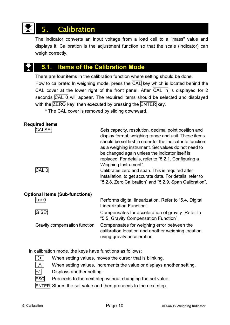 Calibration calibration calibration calibration, Items of the calibration mode | A&D Weighing AD-4406 User Manual | Page 12 / 62