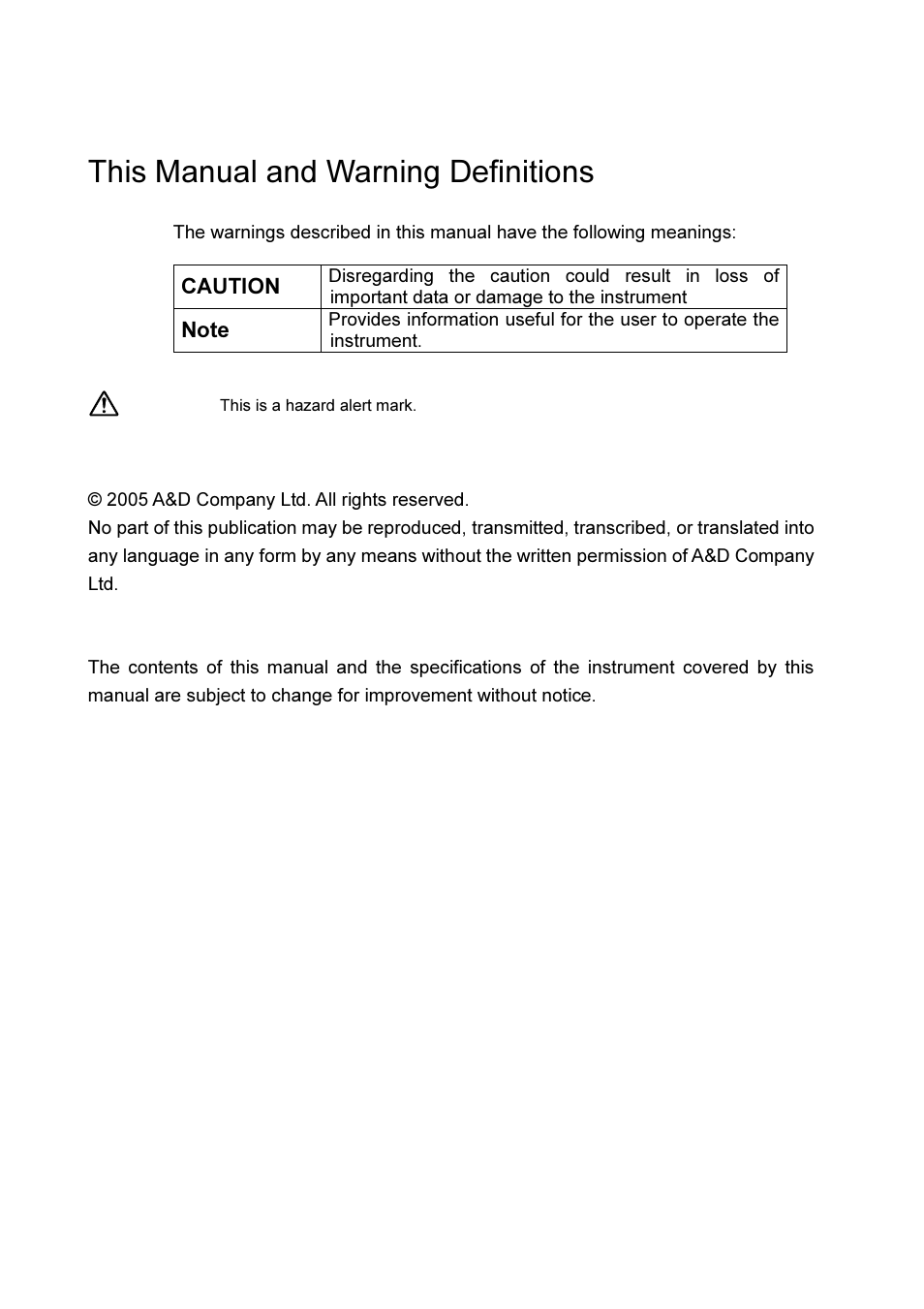 This manual and warning definitions | A&D Weighing AD-4406 User Manual | Page 2 / 62