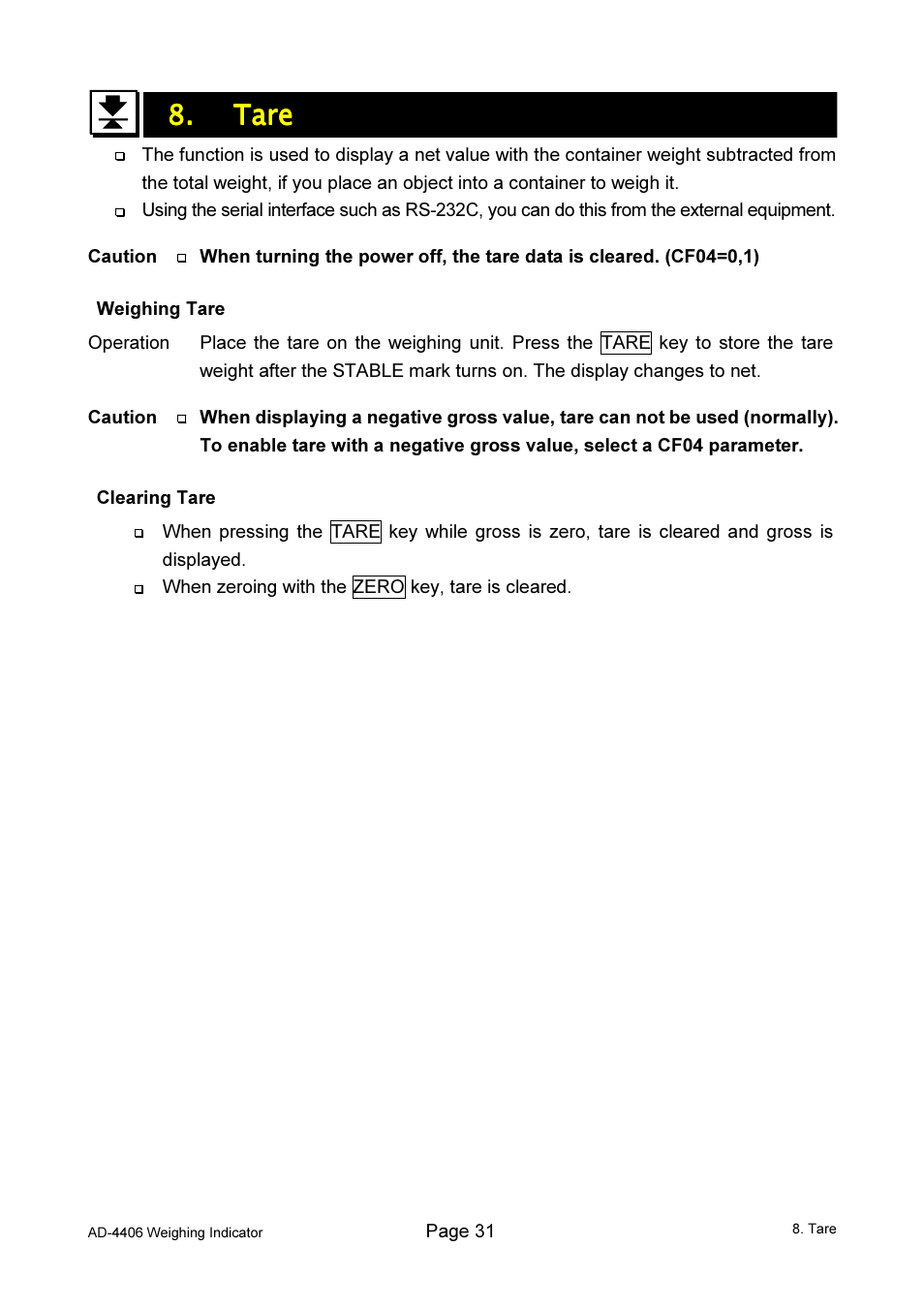 Tare tare tare tare | A&D Weighing AD-4406 User Manual | Page 33 / 62