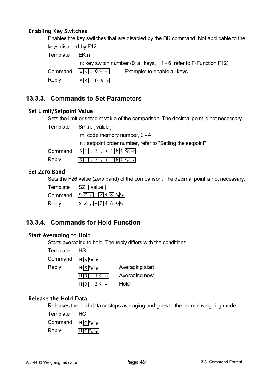 Commands to set parameters, Commands for hold function | A&D Weighing AD-4406 User Manual | Page 51 / 62