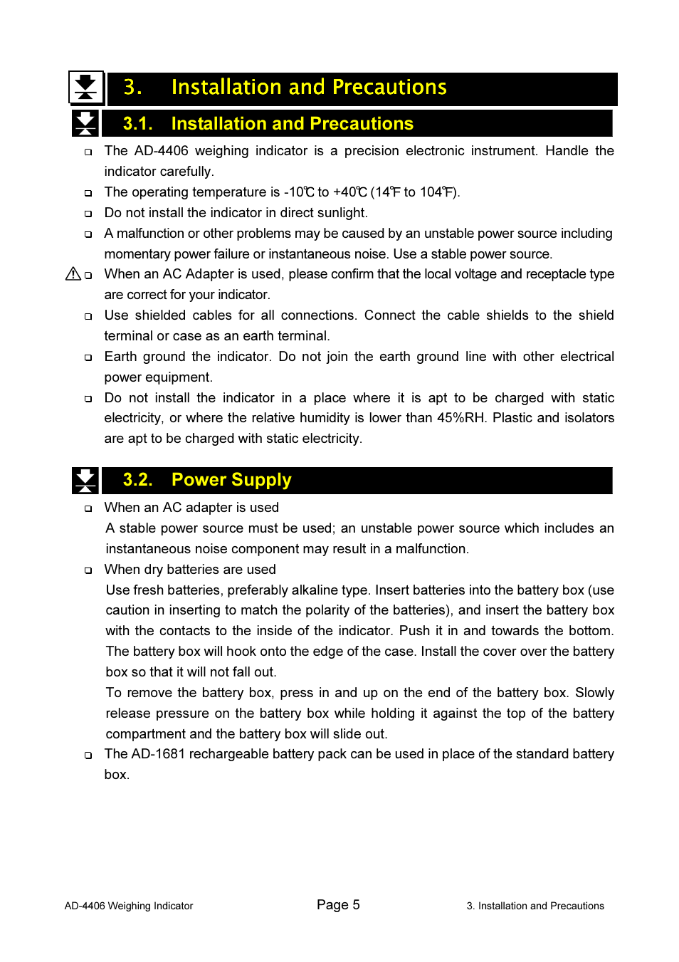 Installation and precautions, Power supply | A&D Weighing AD-4406 User Manual | Page 7 / 62