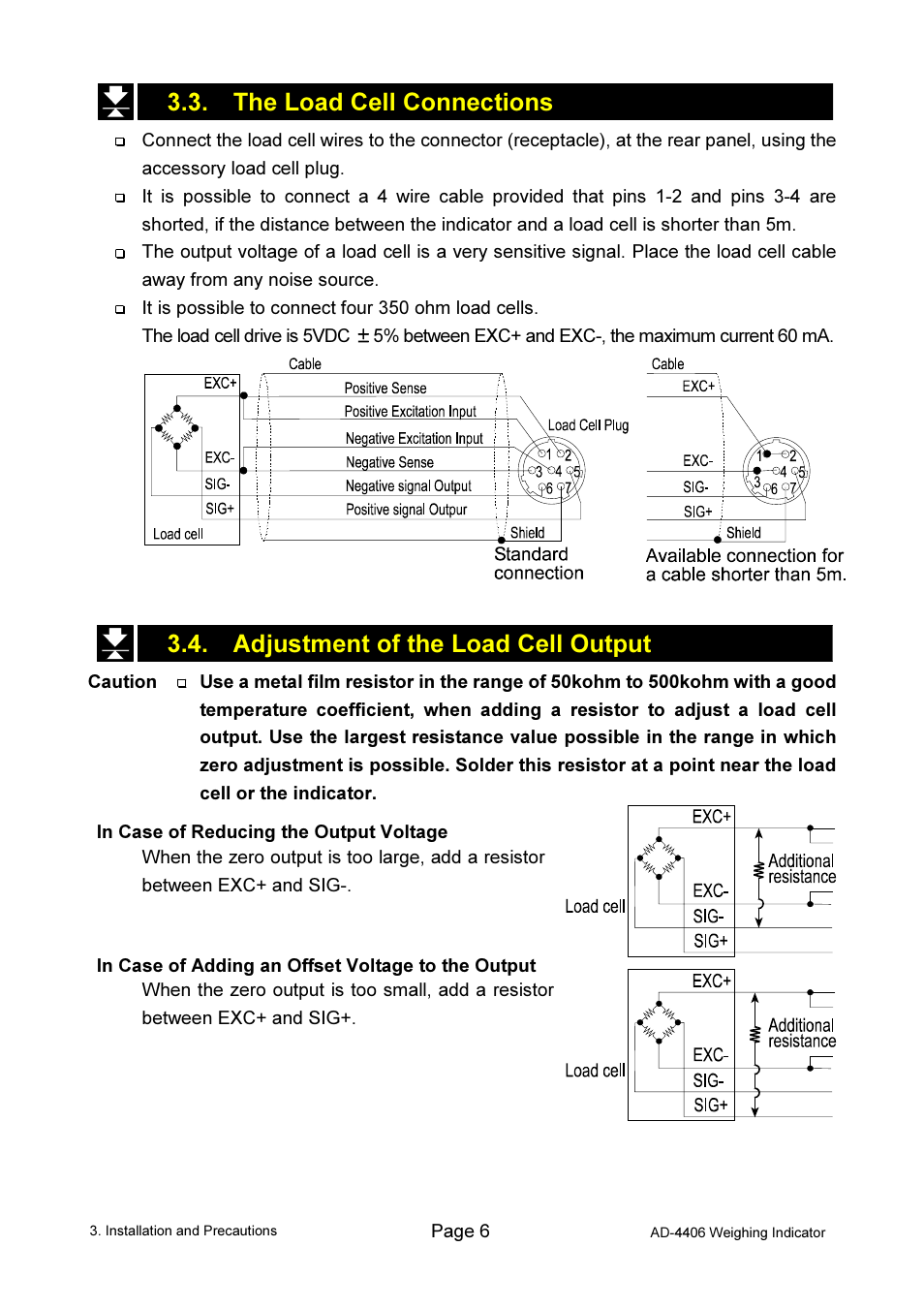 The load cell connections, Adjustment of the load cell output | A&D Weighing AD-4406 User Manual | Page 8 / 62