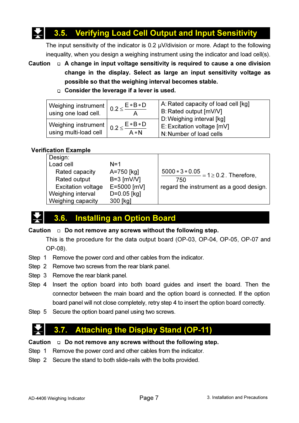 Verifying load cell output and input sensitivity, Installing an option board, Attaching the display stand (op-11) | A&D Weighing AD-4406 User Manual | Page 9 / 62