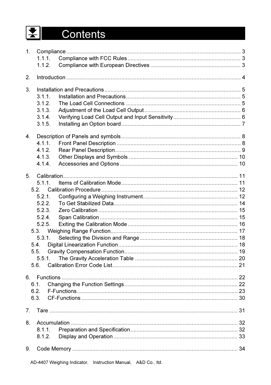 A&D Weighing AD-4407 User Manual | Page 3 / 66