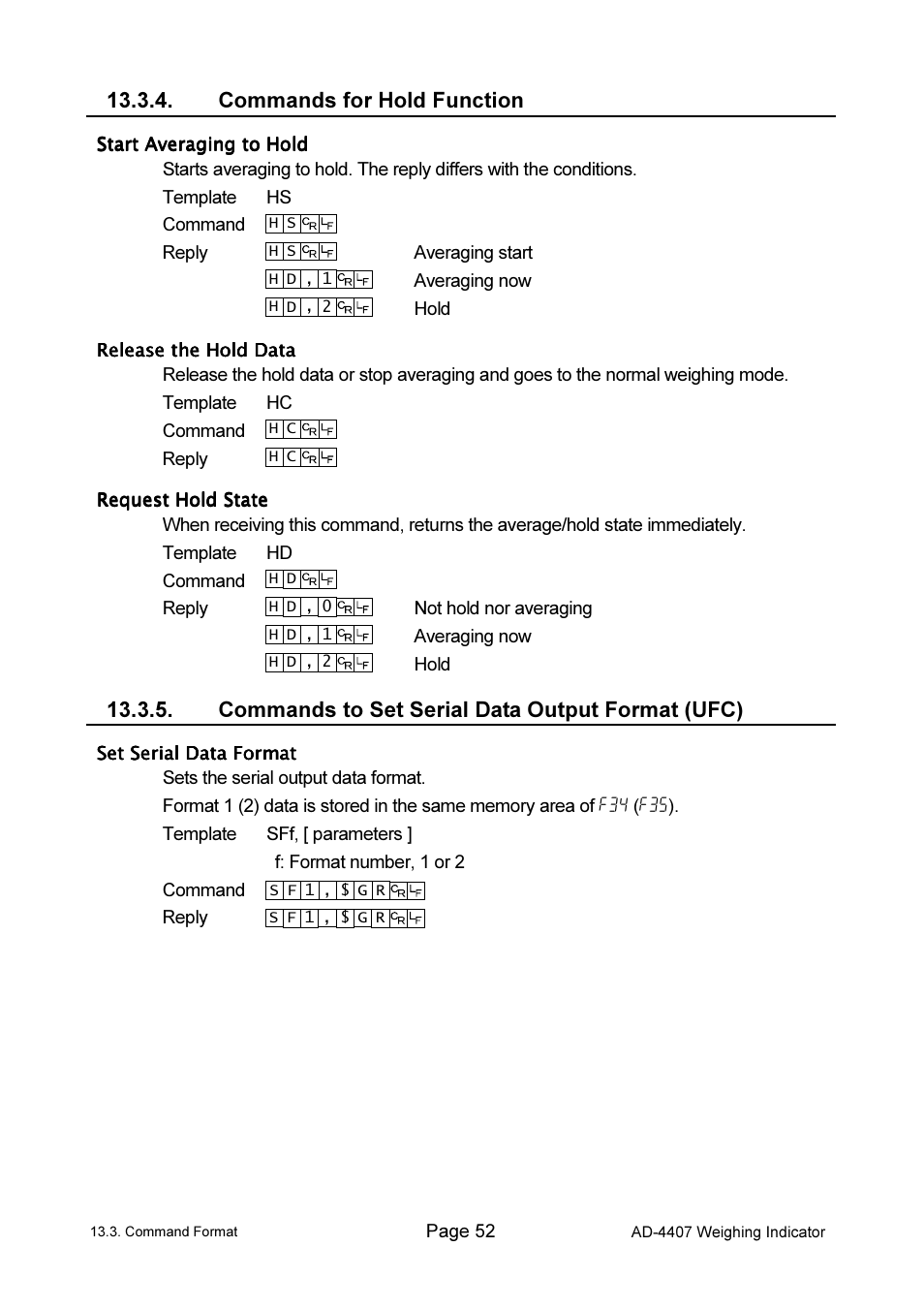 Commands for hold function, Commands to set serial data output format (ufc) | A&D Weighing AD-4407 User Manual | Page 54 / 66