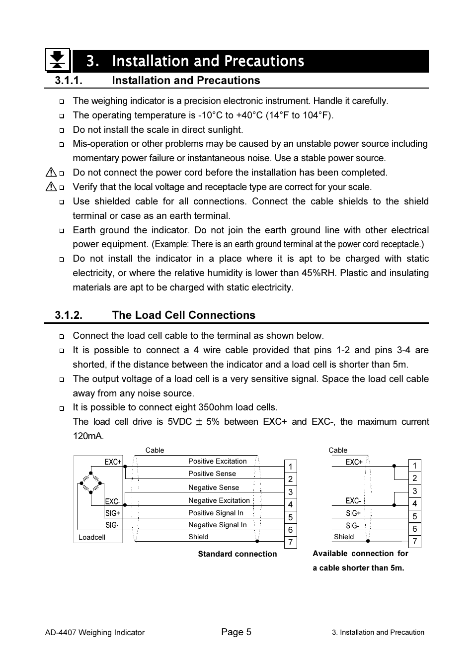 Installation and precautions, The load cell connections | A&D Weighing AD-4407 User Manual | Page 7 / 66