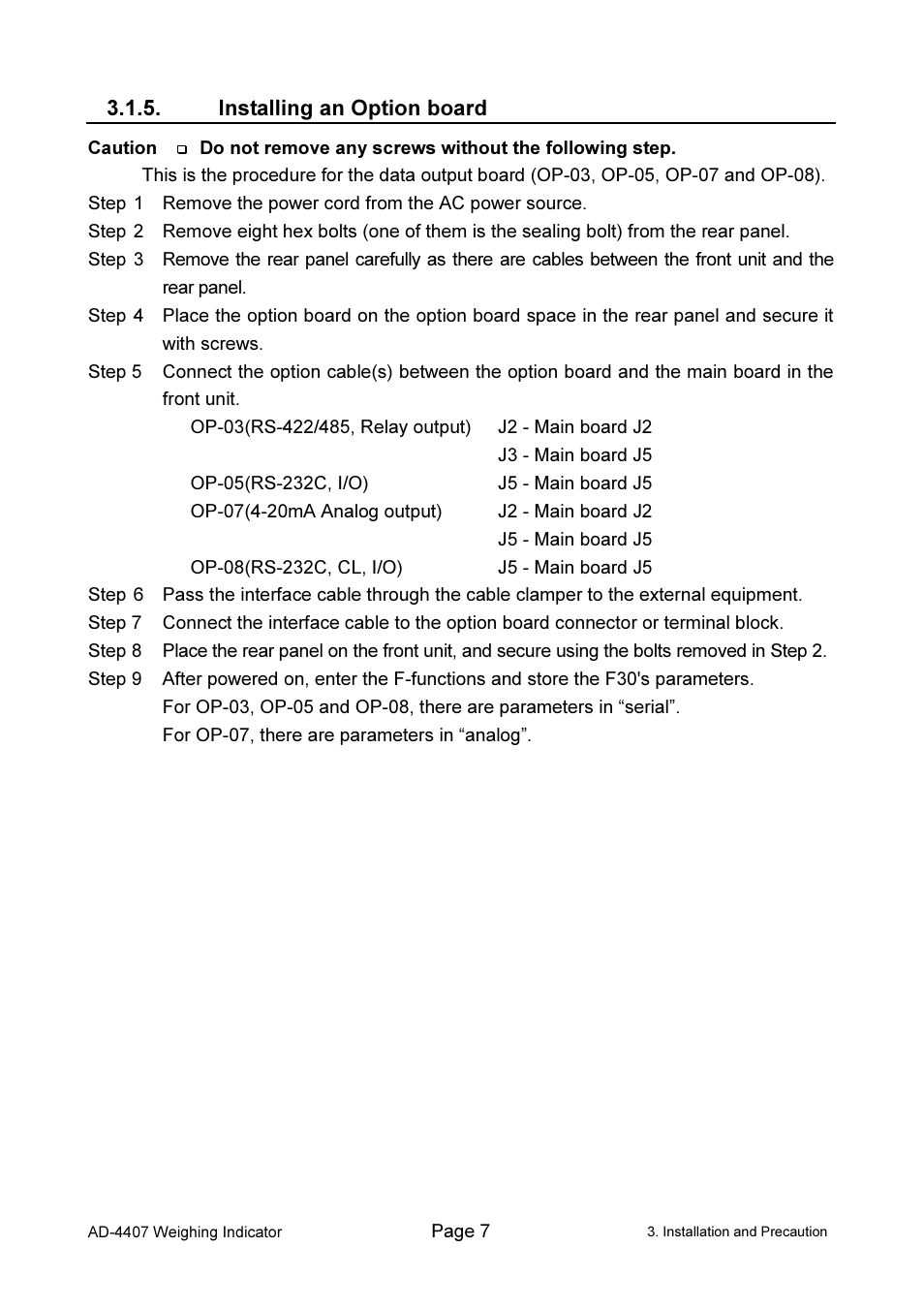 Installing an option board | A&D Weighing AD-4407 User Manual | Page 9 / 66