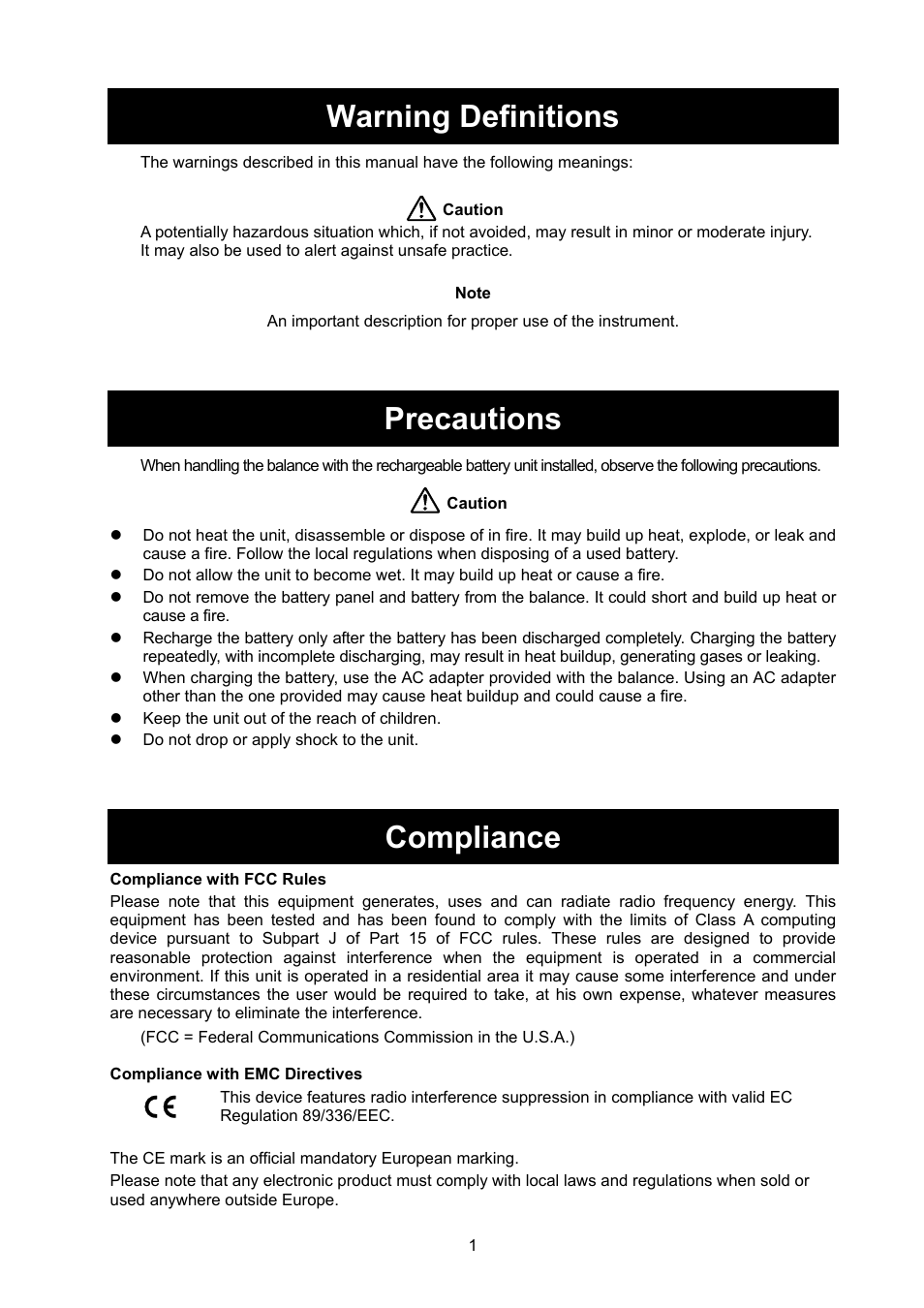 Warning definitions, Precautions, Compliance | A&D Weighing FXi-09 User Manual | Page 3 / 10