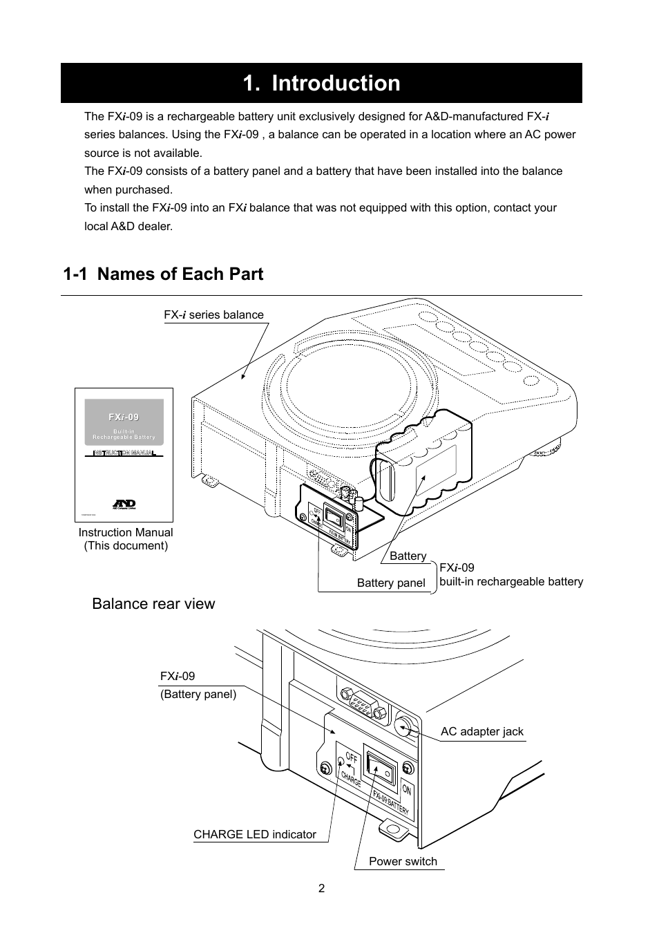 Introduction, 1 names of each part, Balance rear view | A&D Weighing FXi-09 User Manual | Page 4 / 10