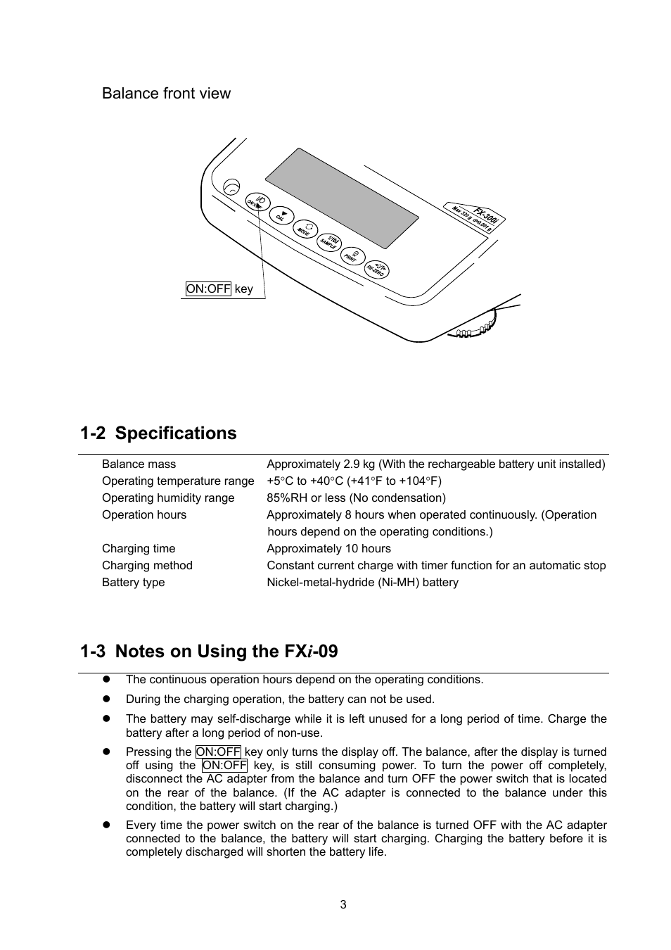 2 specifications, Balance front view | A&D Weighing FXi-09 User Manual | Page 5 / 10