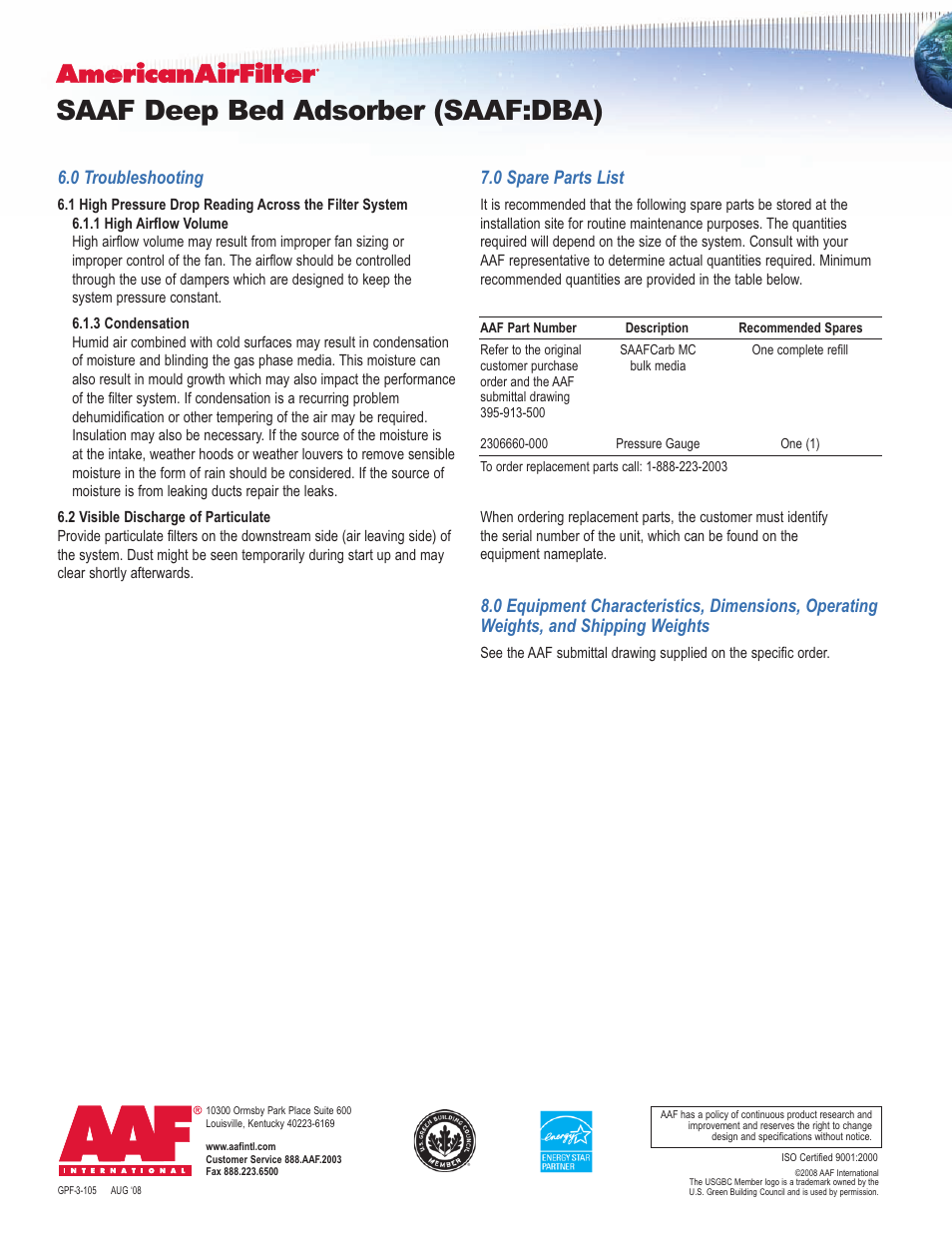Saaf deep bed adsorber (saaf:dba), 0 troubleshooting, 0 spare parts list | AAF International SAAF:DBA User Manual | Page 8 / 8