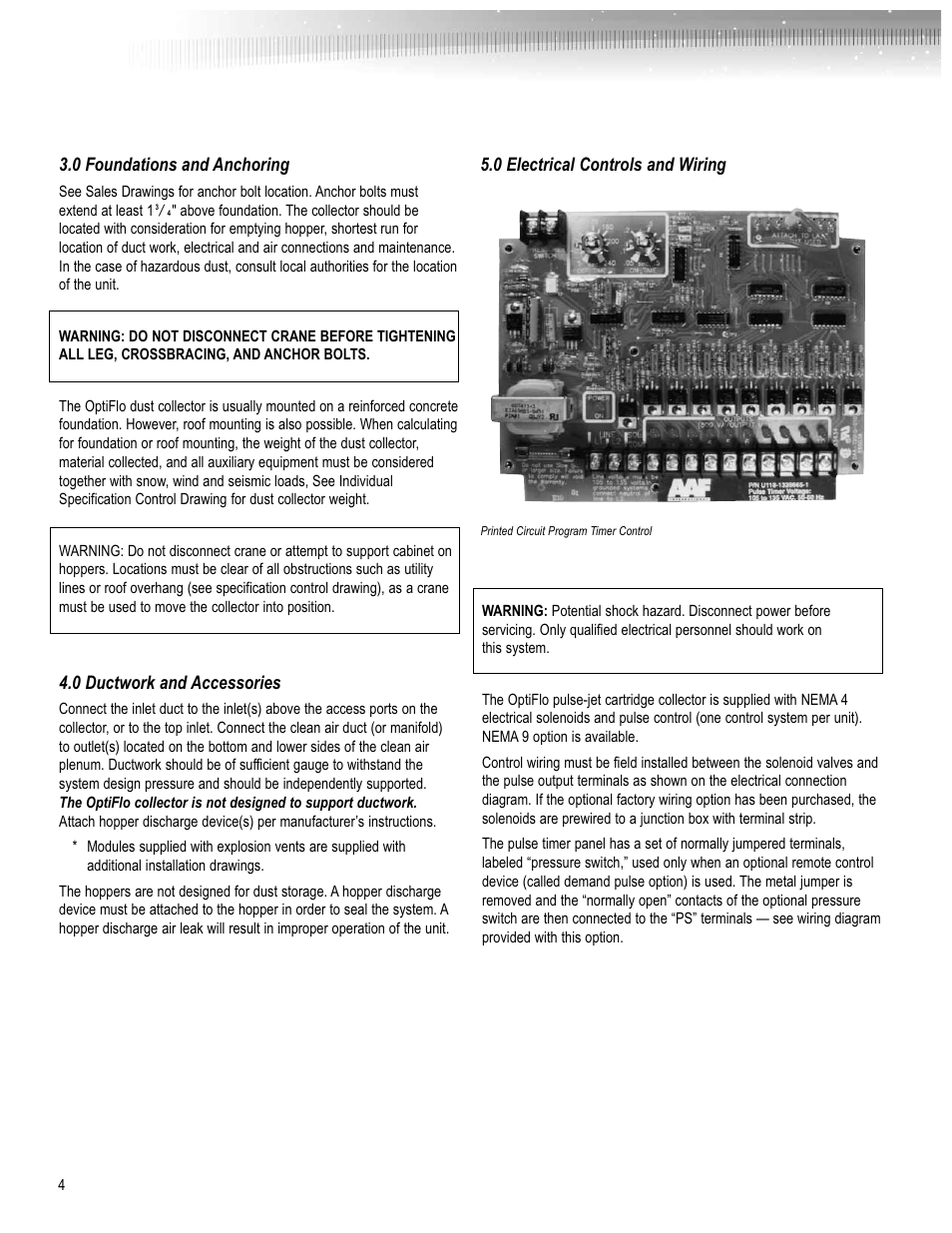 0 foundations and anchoring, 0 ductwork and accessories, 0 electrical controls and wiring | AAF International OptiFlo Cartridge Collector User Manual | Page 4 / 8