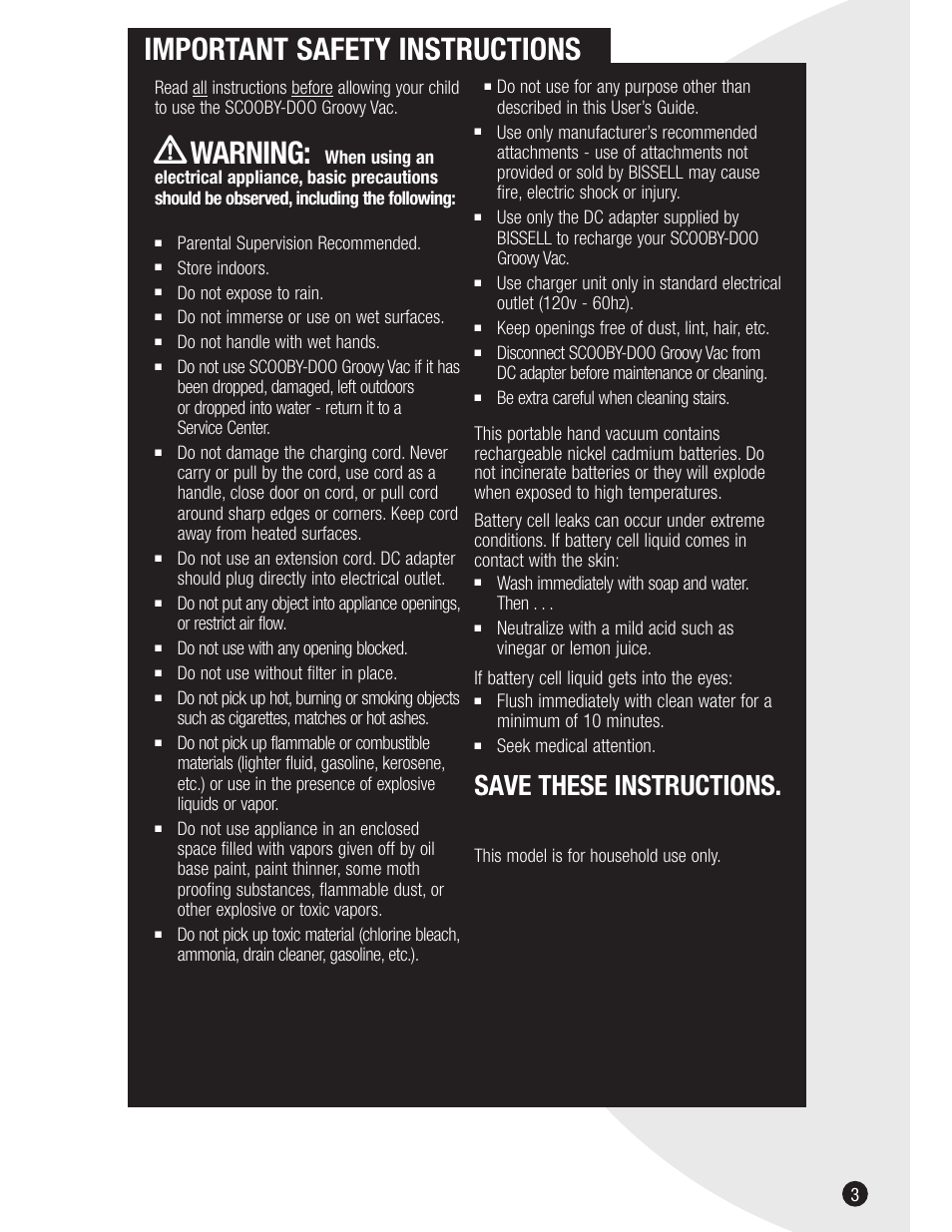 Important safety instructions, Warning, Save these instructions | Bissell 3601 User Manual | Page 3 / 8