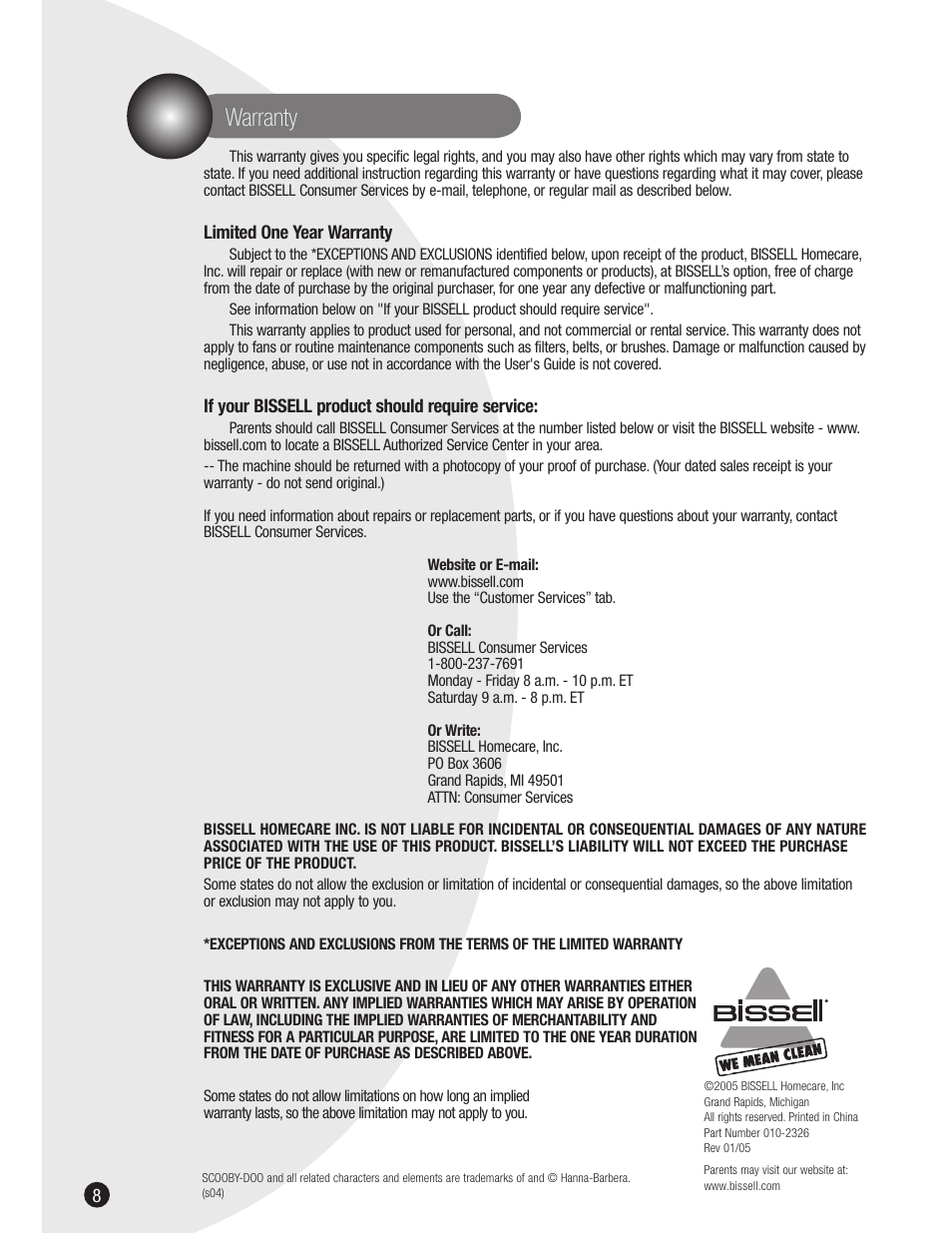 Warranty | Bissell 3601 User Manual | Page 8 / 8