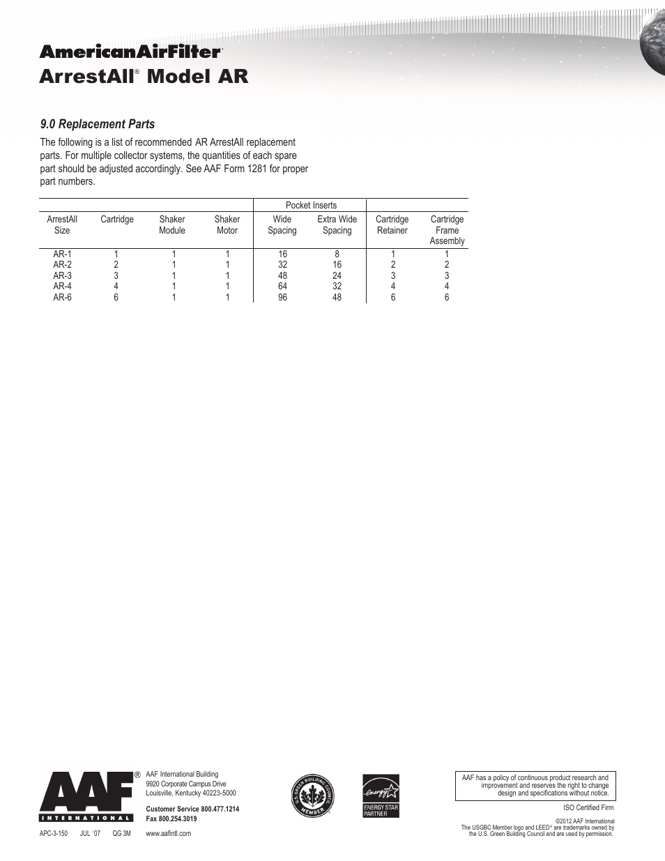 Arrestall, Model ar, 0 replacement parts | AAF International ArrestAll User Manual | Page 8 / 8