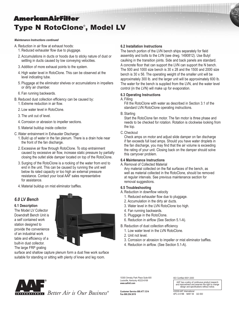 Type n rotoclone, Model lv, Better air is our business | AAF International Type LVN RotoClone User Manual | Page 4 / 4