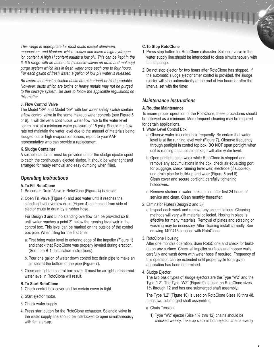 Operating instructions, Maintenance instructions | AAF International Type N RotoClone User Manual | Page 9 / 16